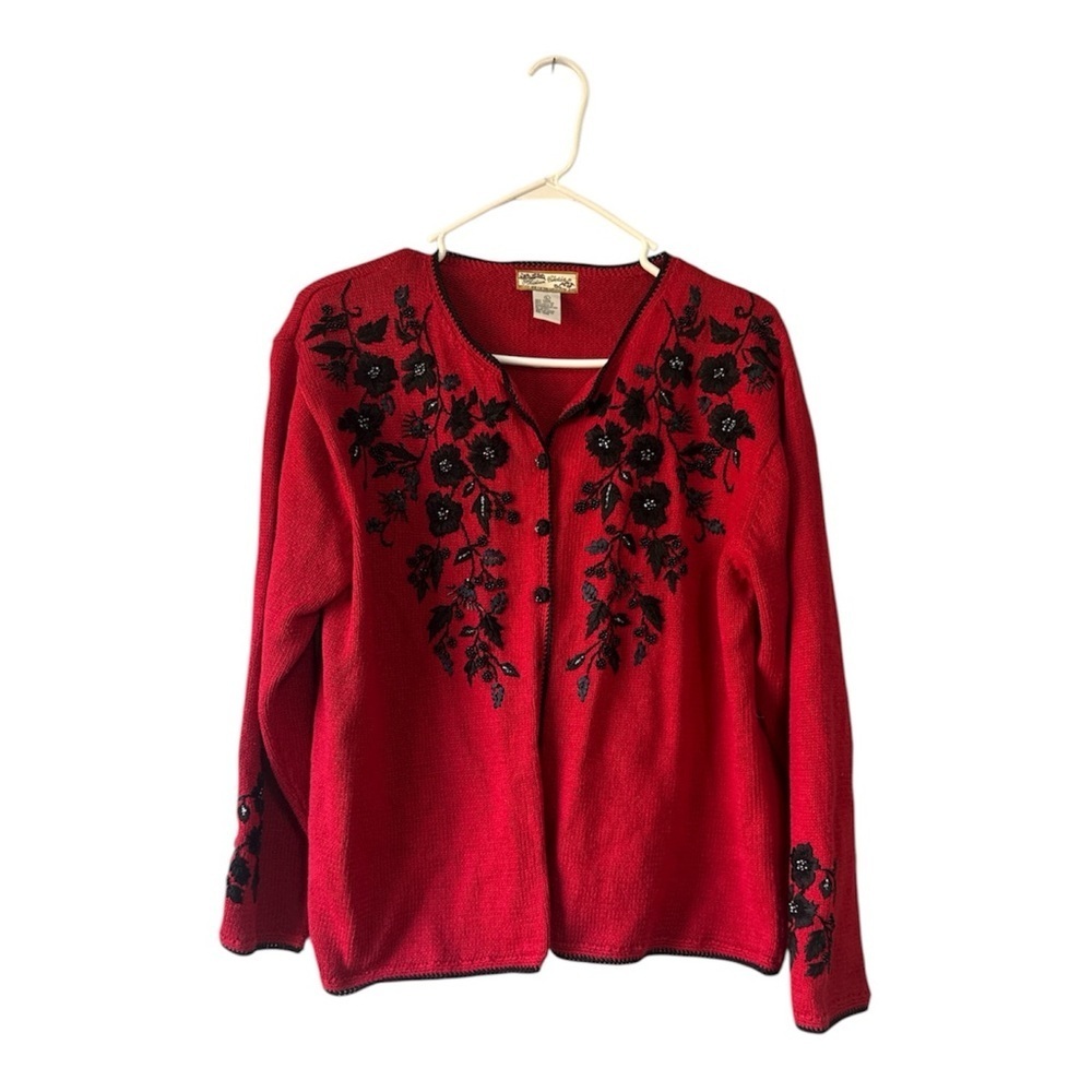Vintage Red and black cotton Christmas Sweater Red Floral Embroidered Cardigan